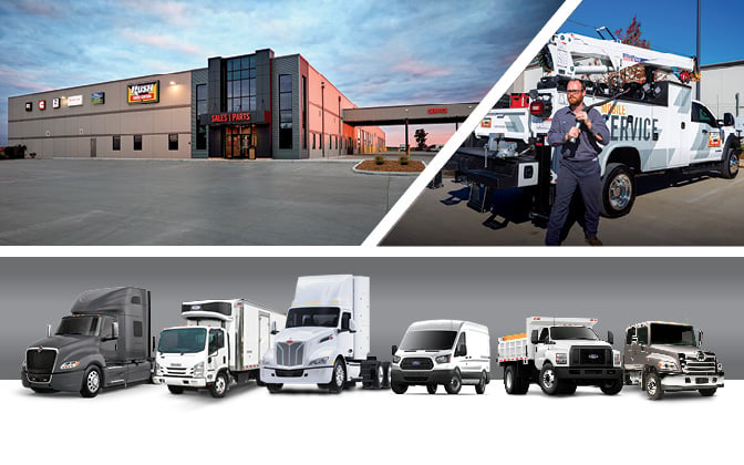 Collage of Rush Truck Centers dealership, trucks and technician