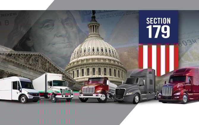 Line up of assorted commercial trucks | Section 179 logo