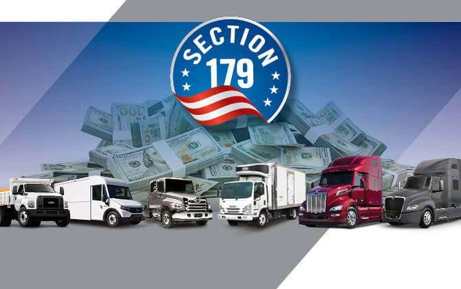 Line up of commercial trucks in front of pile of money | Section 179 logo