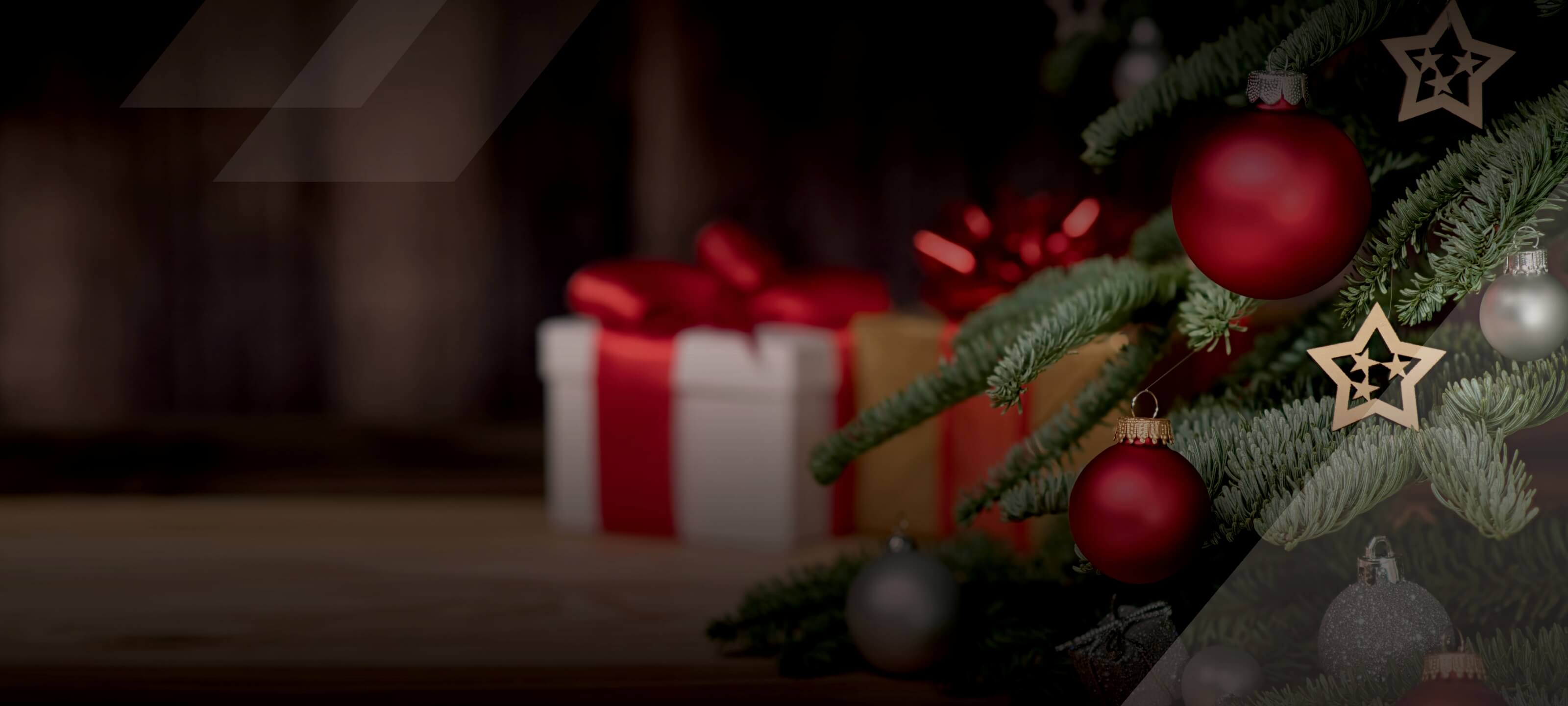 Close up of Christmas tree with red ornaments and stars