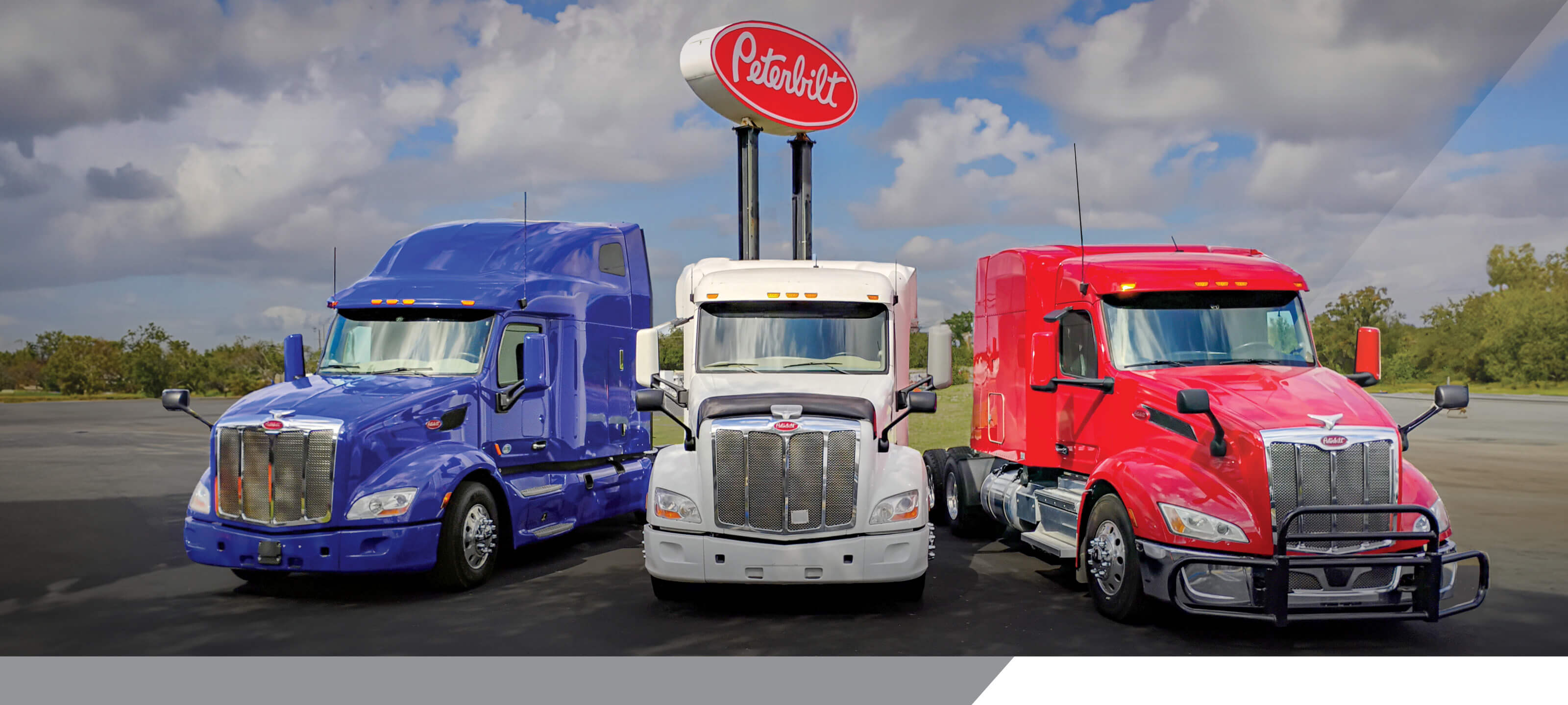 Blue White and Red Peterbilt 579 trucks lined up