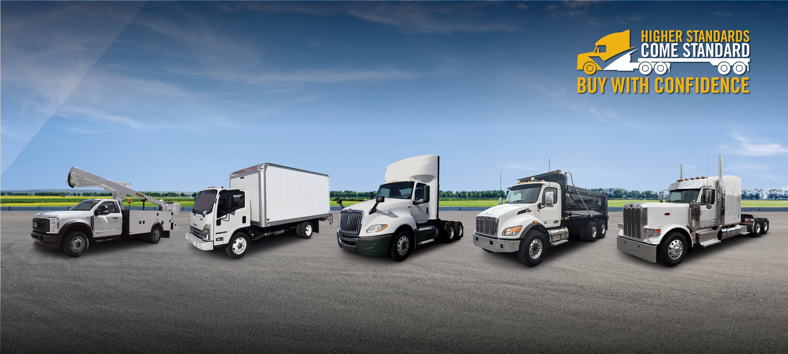 Line up of commercial trucks in parking lot | Higher Standards Come Standard, Buy With Confidence Logo