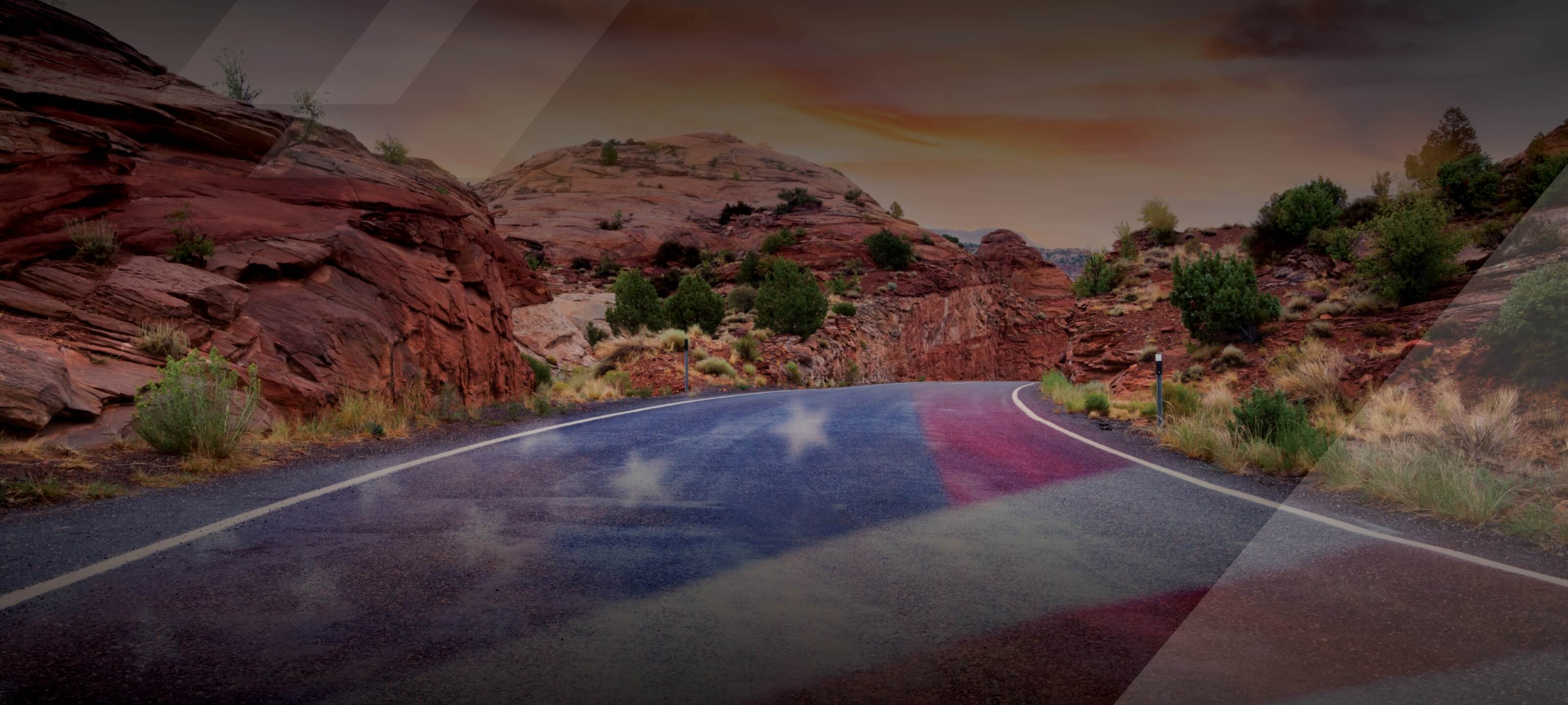 Mountain road overlayed with US Flag