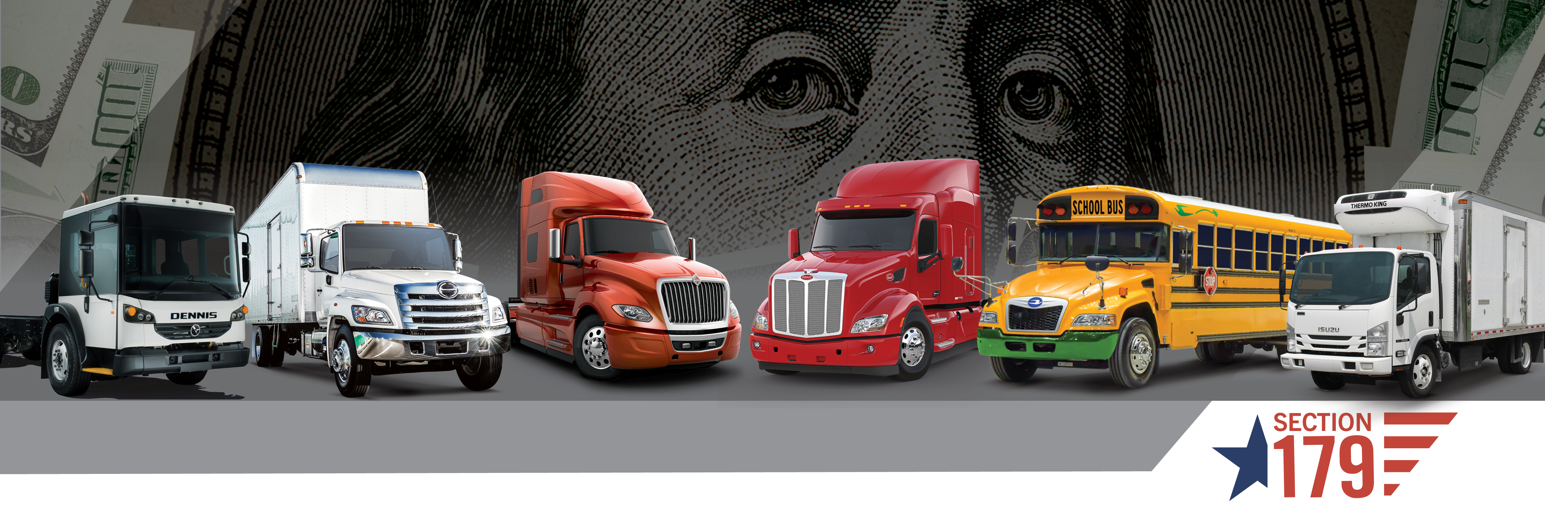Line up of trucks and buses on top of dollar bill background with Section 179 logo
