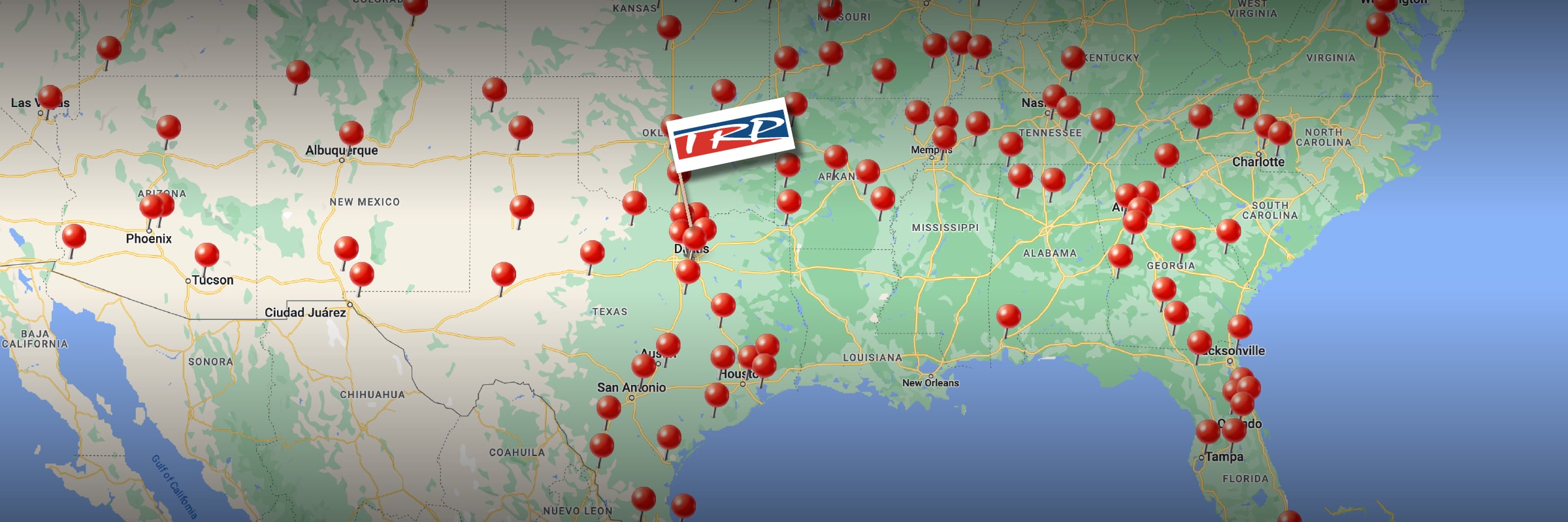 Map of US with TRP flag pinned to Dallas, TX