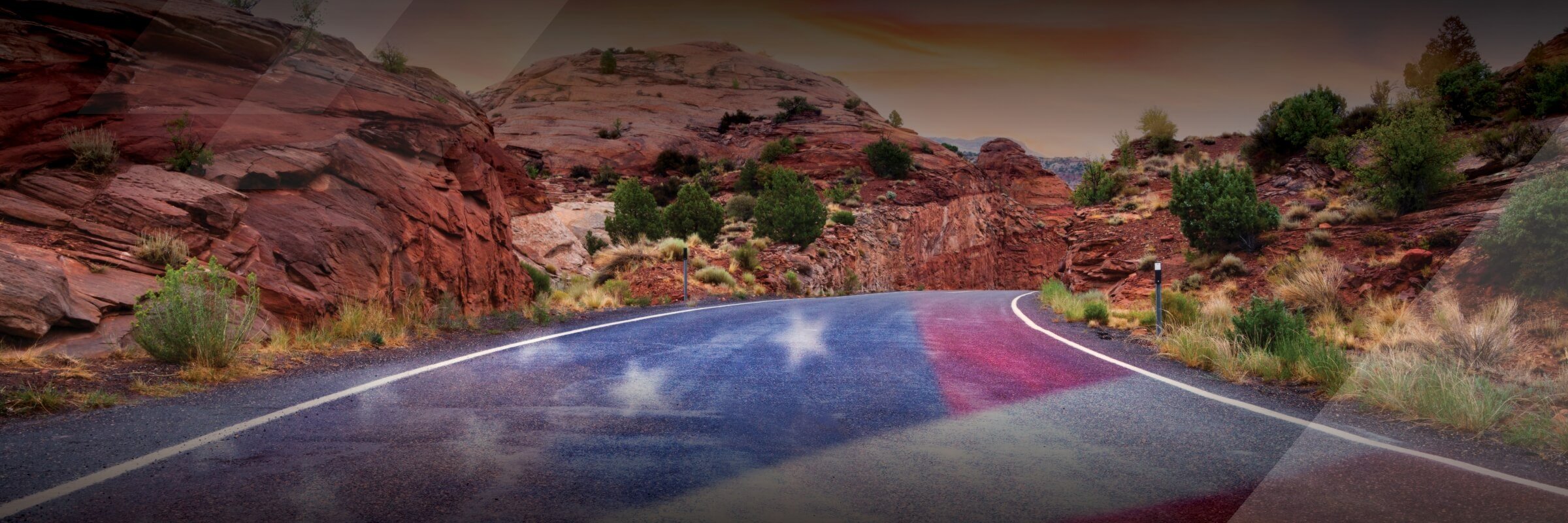 Mountain road overlayed with US Flag