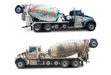 Two cement trucks with special occasion wraps