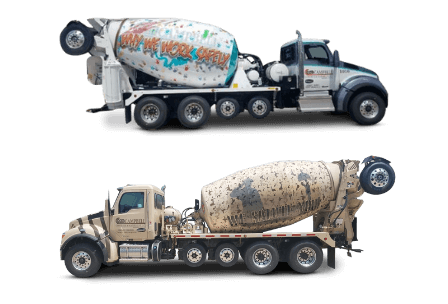 Two cement trucks with special occasion wraps