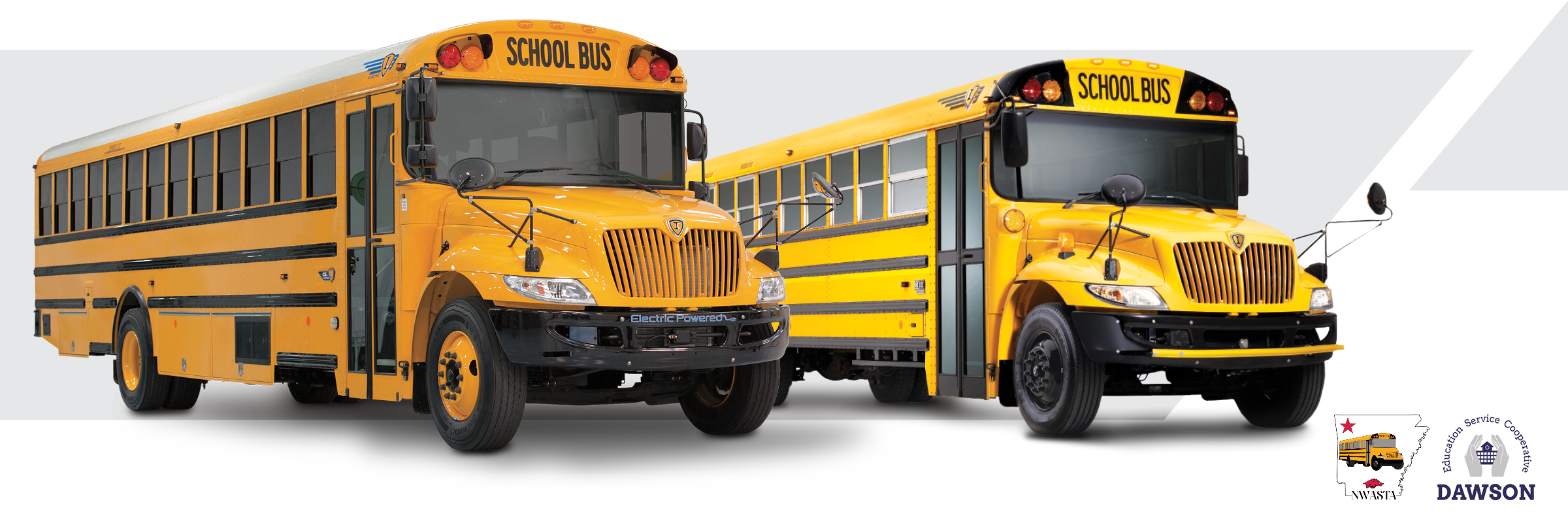 Two IC Buses, IC Bus Logo, North West Arkansas Student Transportation Association Logo and Dawson Education Services Cooperative Logo