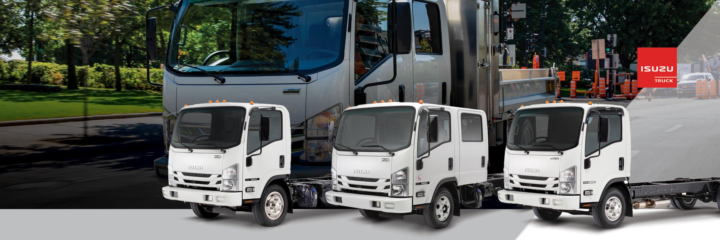 3 Isuzu N-Series Trucks Lined Up