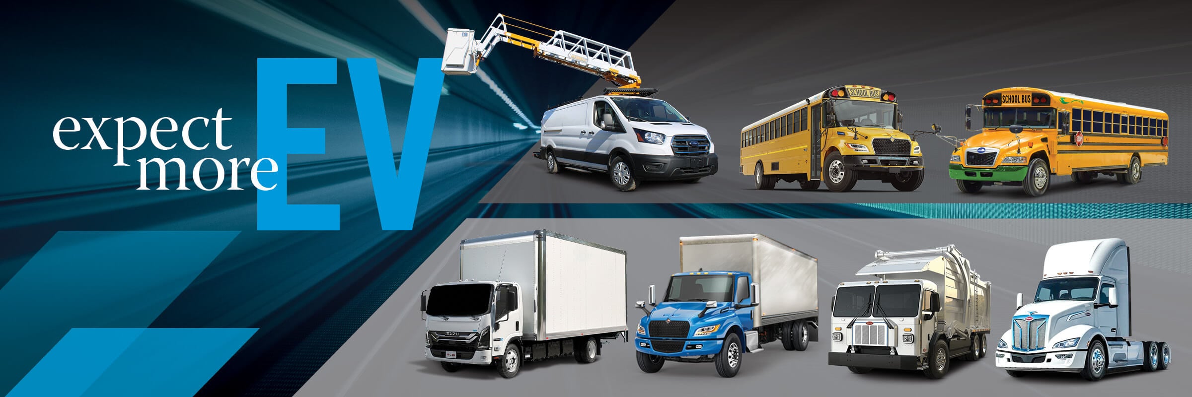 Electric Vehicles Available at Rush Truck Centers | Ford E-Transit | IC Bus Electric CE Series | Blue Bird Vision Electric  | Isuzu NRR EV | International eMV Series | Peterbilt Model 520EV | Peterbilt Model 579EV