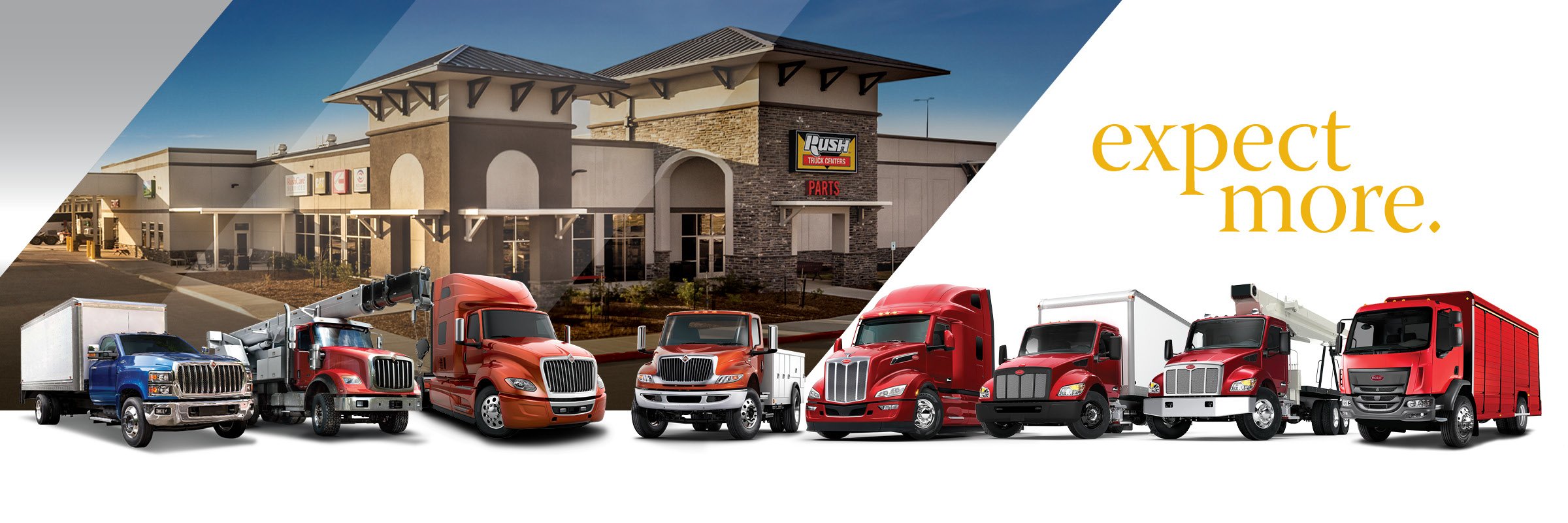 Trucks in front of Rush Truck Centers | New Truck Sales | New Trucks for Sale | Semi Trucks for Sale | 18 Wheeler Trucks