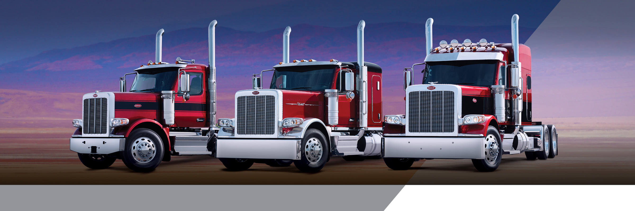 Lineup of three Peterbilt Model 589 with different cab styles