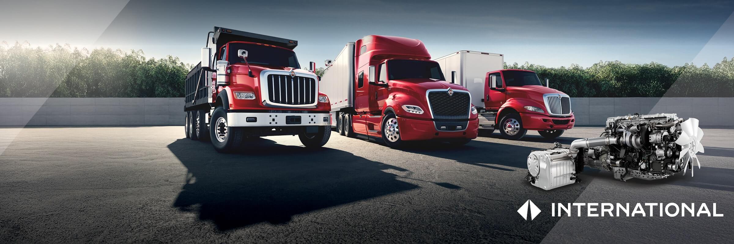 International LT Series, RH Series and HX Series trucks lined up with S13 Integrated Powertrain