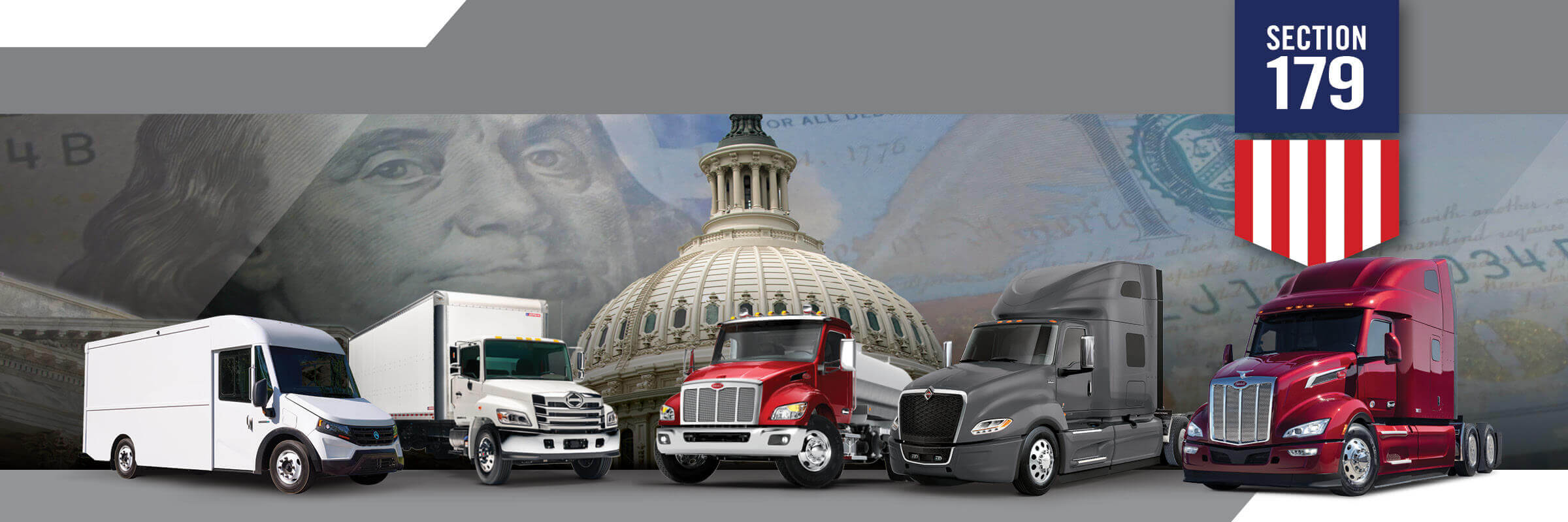 Line up of Blue Arc, Hino, Peterbilt and International Trucks | Section 179 Logo