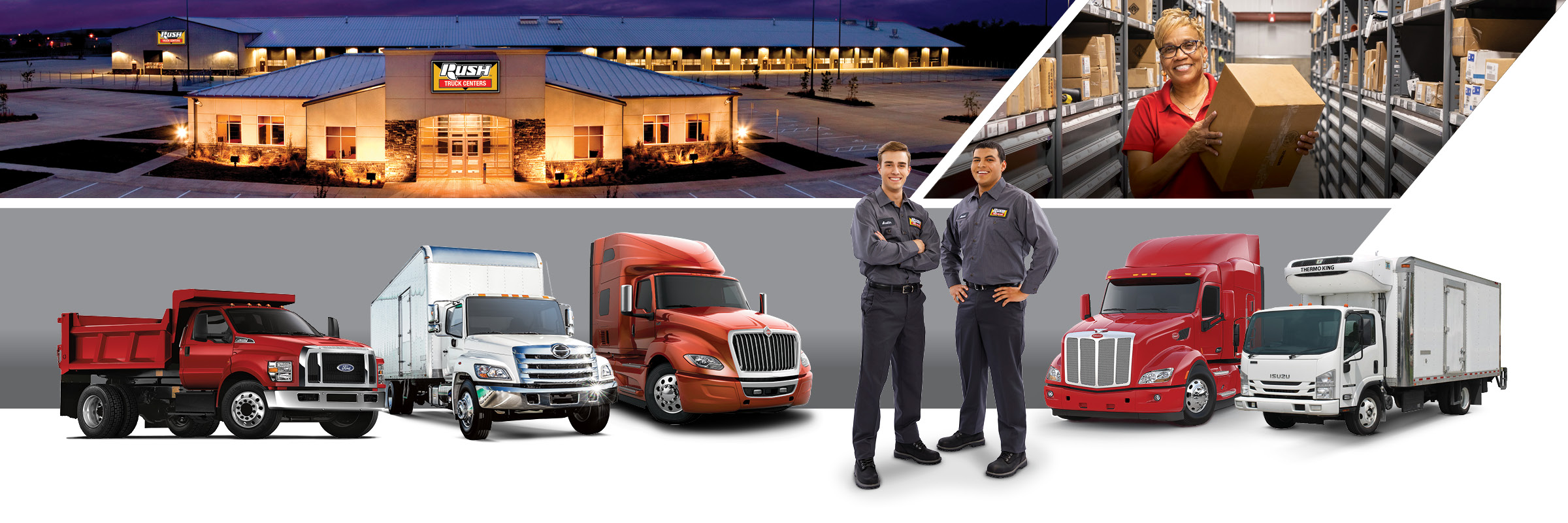 Rush Truck Centers dealership, lineup of commercial vehicles from Peterbilt, Ford, Hino, International and Isuzu and three Rush Truck Centers employees