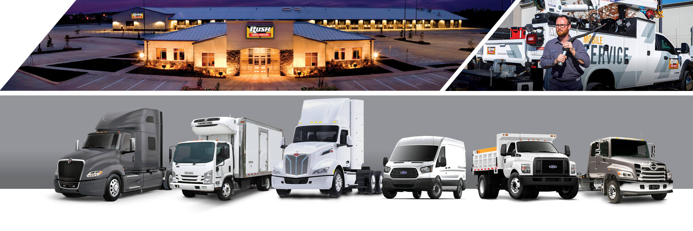 Line up of commercial trucks with International, Isuzu, Peterbilt, Ford, and Hino | Rush Truck Centers - Oklahoma | Mobile Service Technician