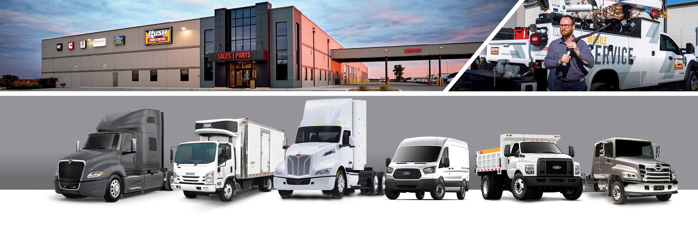 Line up of commercial trucks with International, Isuzu, Peterbilt, Ford, and Hino | Rush Truck Centers - Oklahoma | Mobile Service Technician