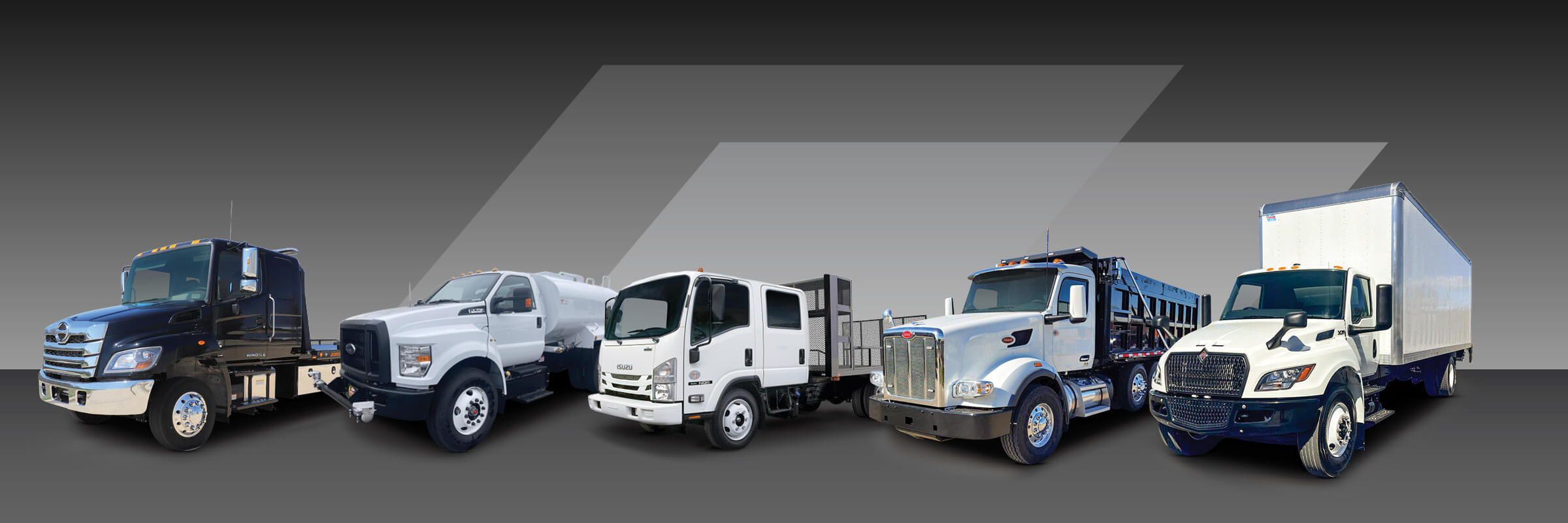 Line up of 5 bodies up vocaitonal trucks | Hino flatbed truck | Ford water tank truck | Isuzu landscape truck | Peterbilt dump truck | International box truck